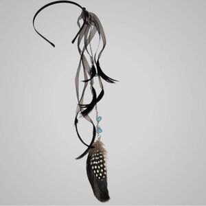 Y2K Bebe Beaded Feather Drapey Ribbon Drape Boho Black Headband Bohemian